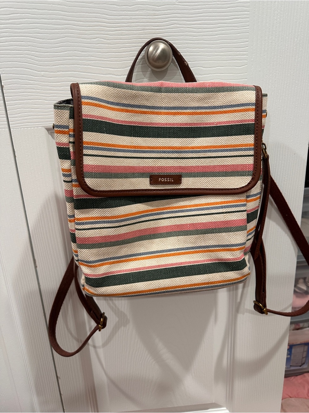 Fossil Claire Mini Backpack Multicolor Striped Canvas & Brown Leather Trim
